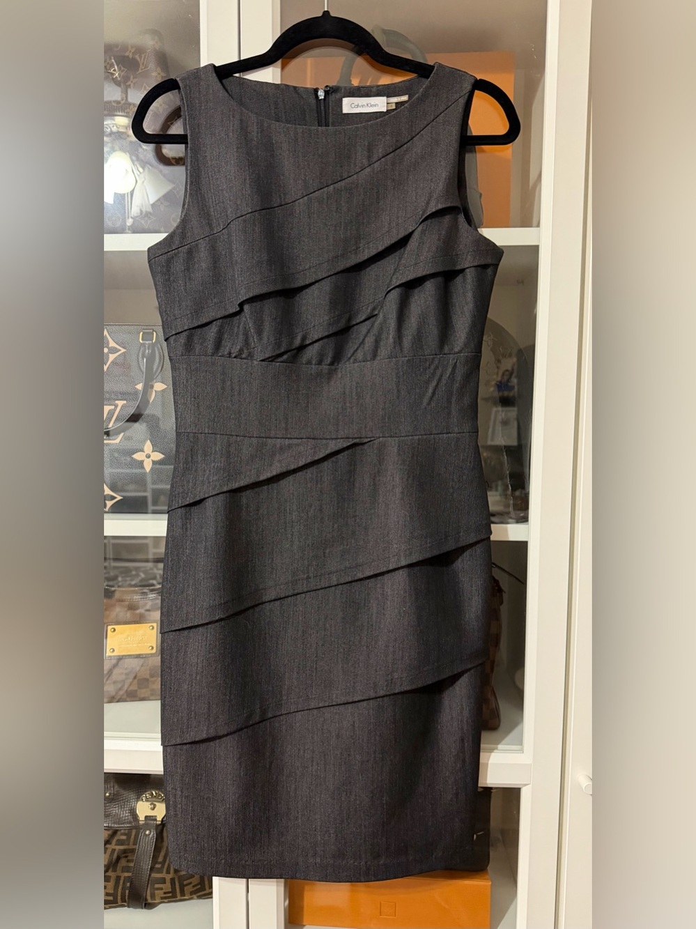 Calvin Klein Dark Gray One-Shoulder Layered Sheath Dress